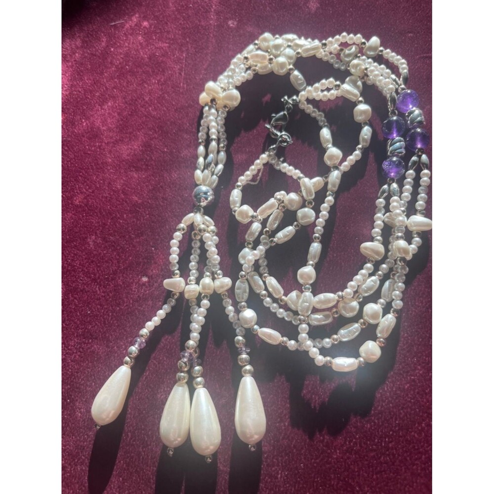 Vintage Signed Napier Multi-Strand Faux Baroque Pearl Lariat Necklace